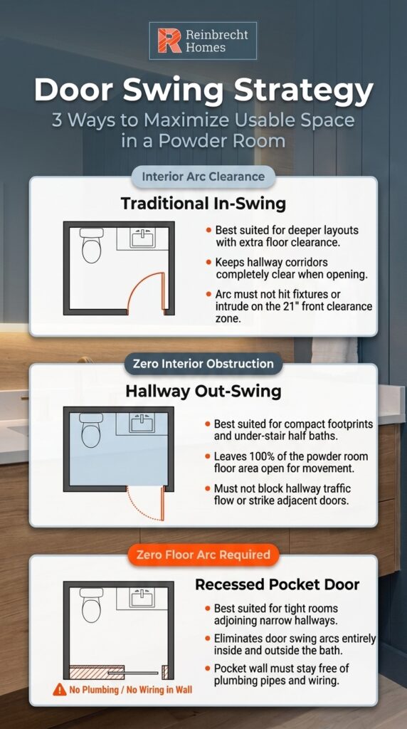 Maximize half bath dimensions with effective door swing strategies for efficient space use.