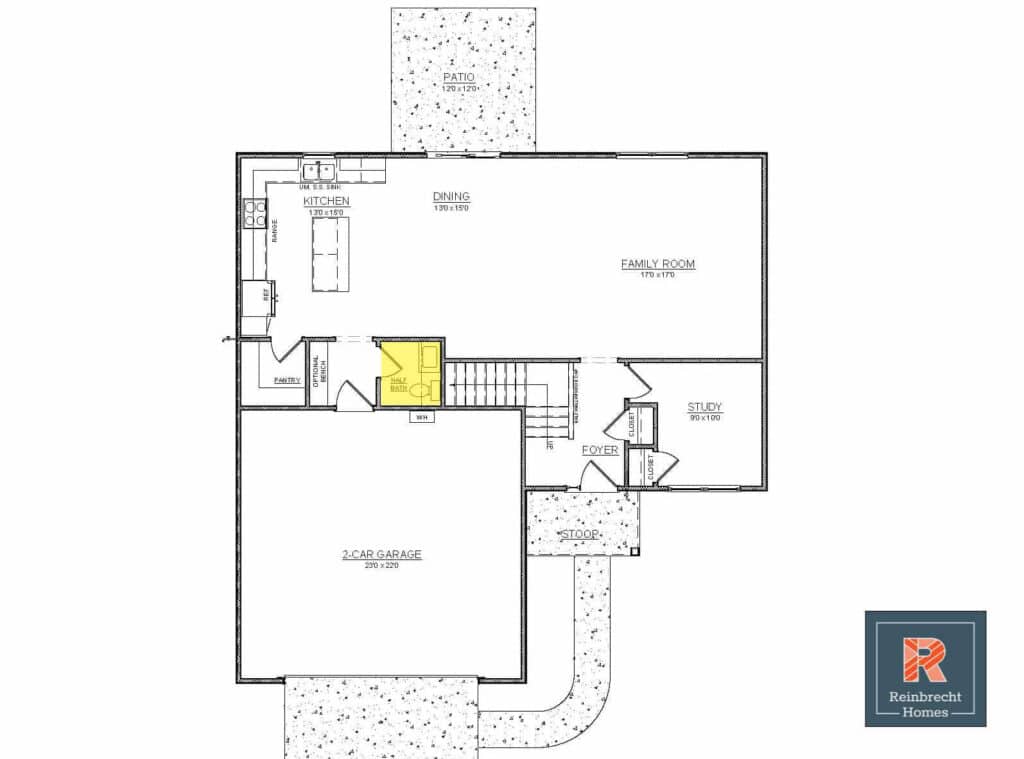 Family home floor plan with kitchen, dining, family room, and two-car garage.