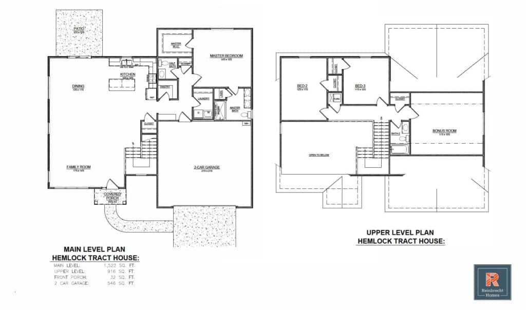Blueprint of Hemlock Tract House showcasing main and upper level floor plans.