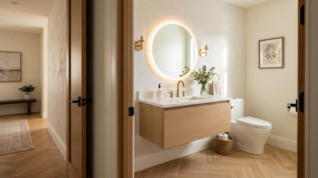 Stylish modern bathroom design featuring natural elements and elegant fixtures.