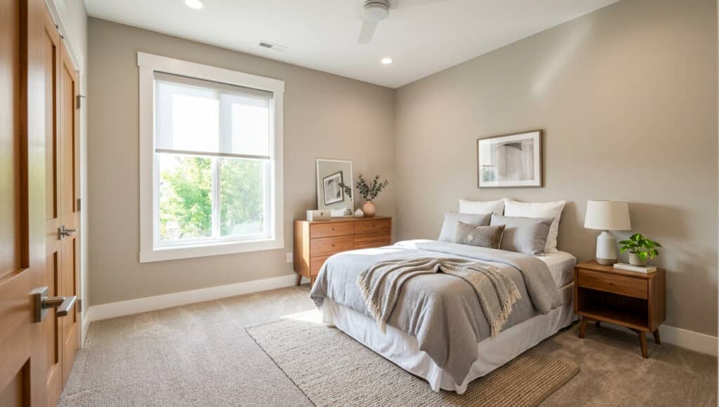 Cozy modern bedroom featuring a stylish design and natural light.