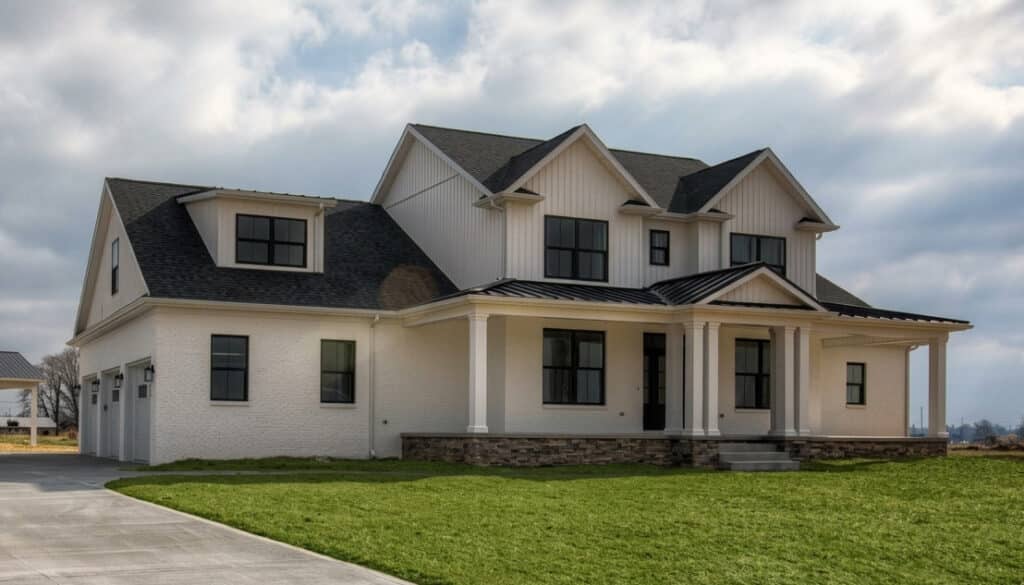 Stylish modern farmhouse featuring elegant architecture and a welcoming outdoor space.