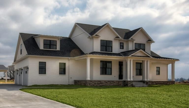 Stylish modern farmhouse featuring elegant architecture and a welcoming outdoor space.
