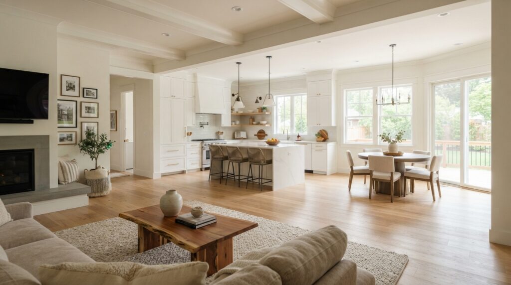 Modern kitchen interior featuring sleek white cabinets and an inviting open layout.