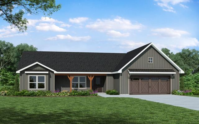 The Topaz floor plan, a craftsman elevation with a timber-post porch