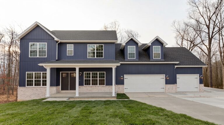 Modern blue home exterior with spacious yard and double garage, perfect for families.