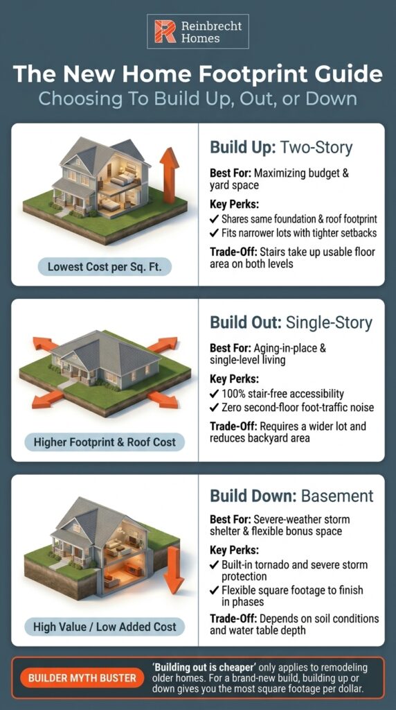 Explore costs and benefits: Is it cheaper to build up, out, or down for your new home?