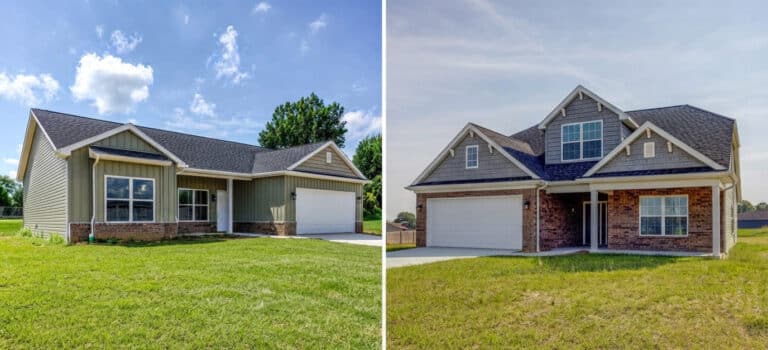 Comparison of two new homes showcasing modern designs and spacious yards.
