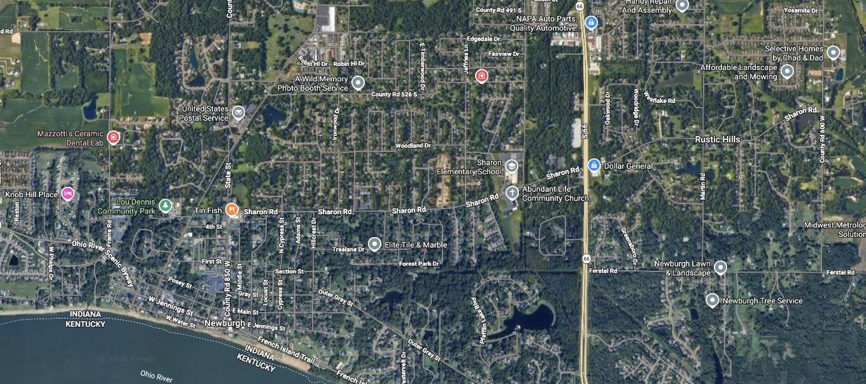Satellite map showing Hillside Meadows in Newburgh, Indiana