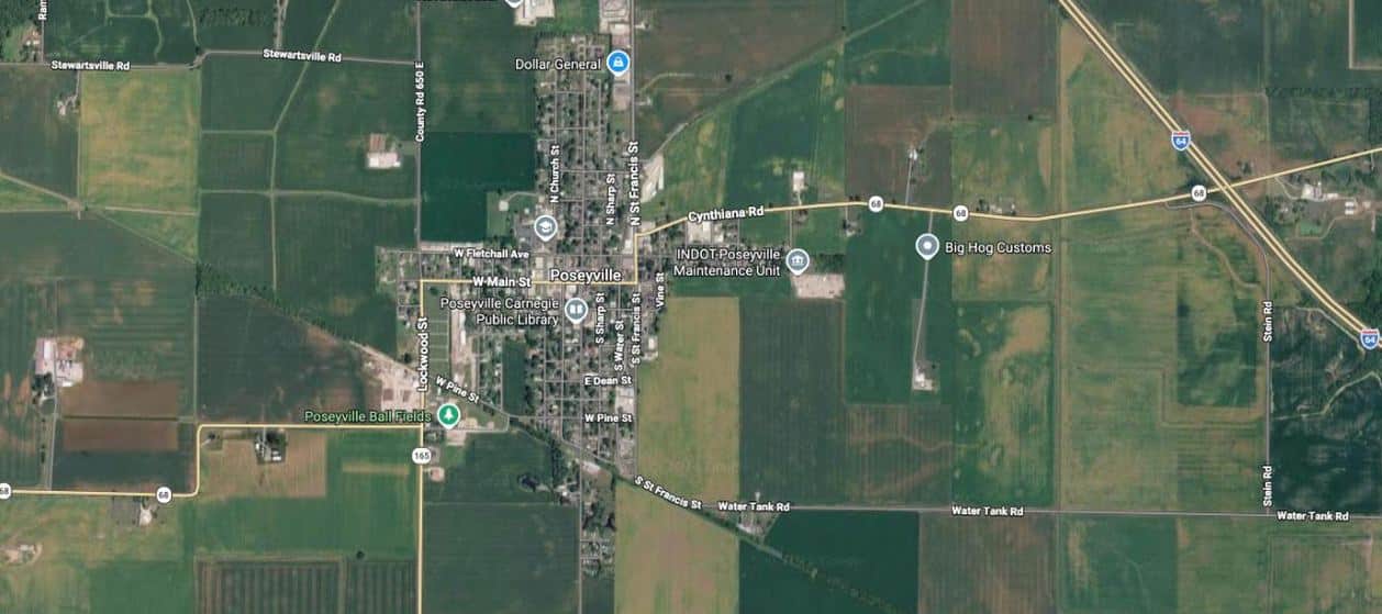 Satellite map showing Farmington Ridge in Poseyville, Indiana