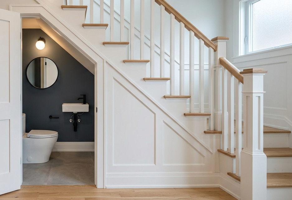 Compact under-stairs bathroom design featuring modern decor and stylish fixtures.