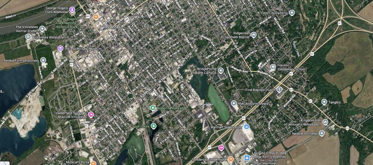 Satellite map showing Waterfront Villas in Vincennes, Indiana